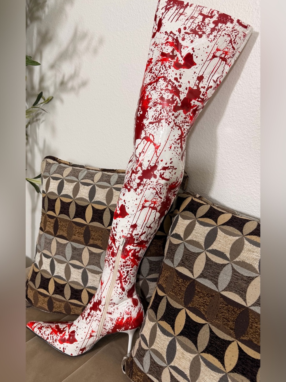 White & Red Blood Splatter Over-the-Knee Stiletto Boots EU 36
